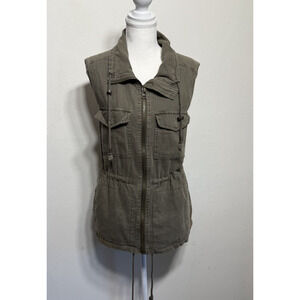 Velvet by Graham & Spencer Women's M Olive Green Zip Utility Vest Linen Cotton